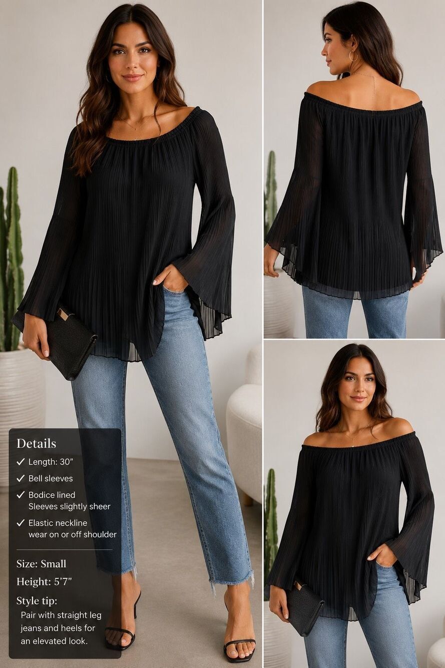 AGB Black Boho Goth Pleated Bell Sleeve Off Shoulder Tunic Blouse Top NWT L